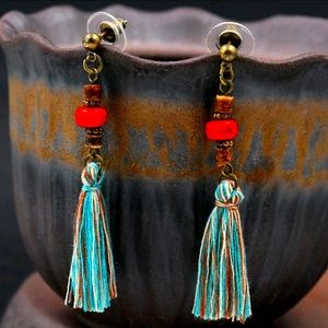 Boho tassel red turquoise dangle earring..NWT